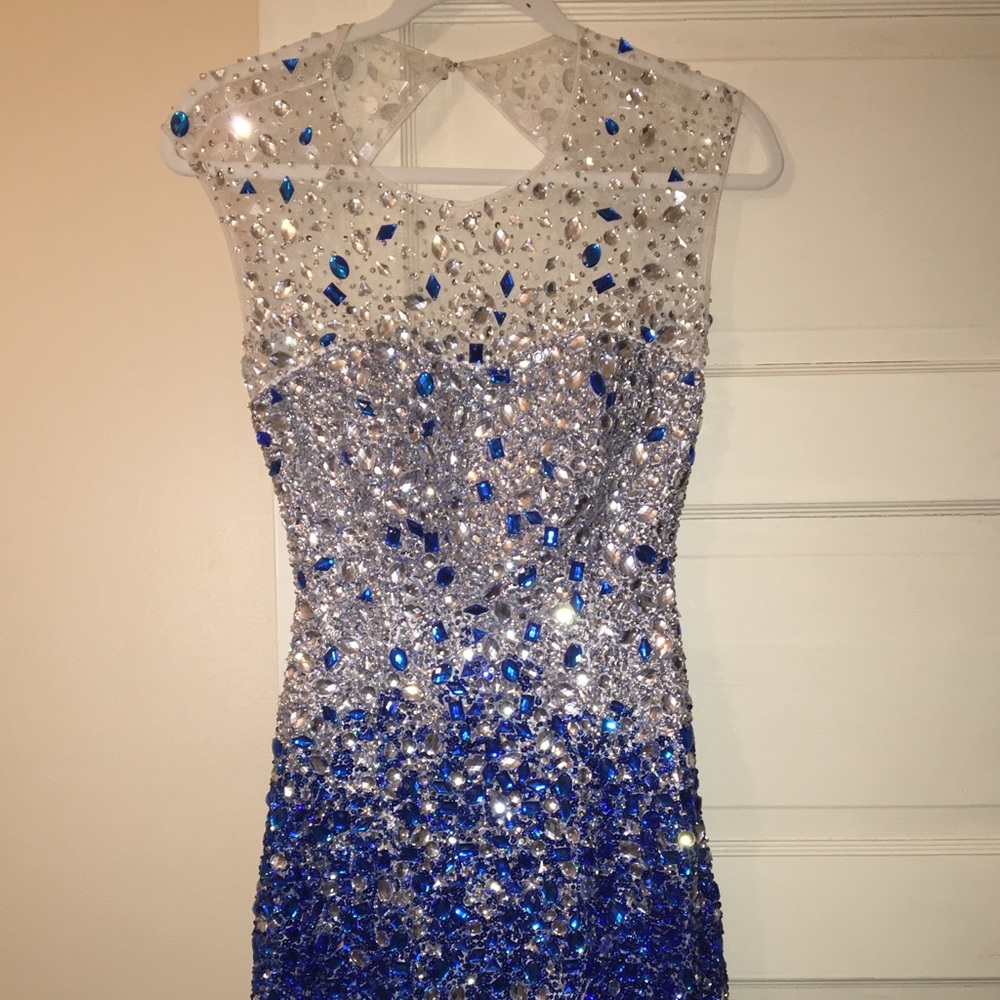 Jovani white and blue crystal short dress
